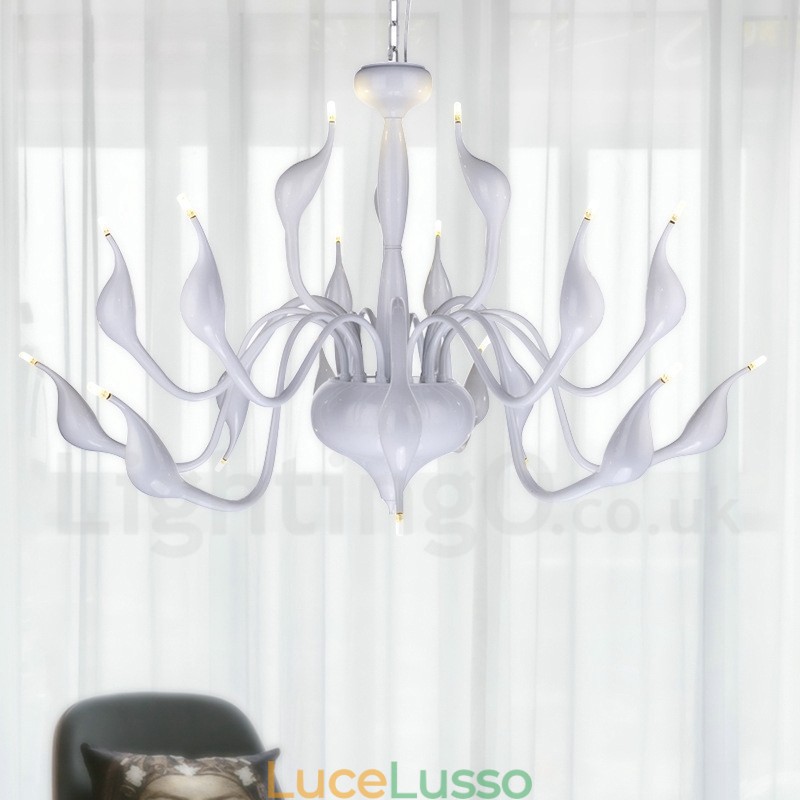 Lampadario a forma di cigno postmoderno in acciaio inox da 18 luci G4 finitura bianca