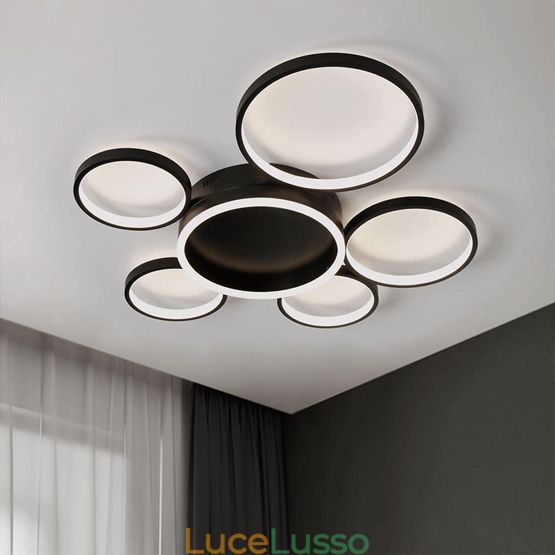 Lampada da soffitto moderna a 6 anelli in acrilico con montaggio a filo