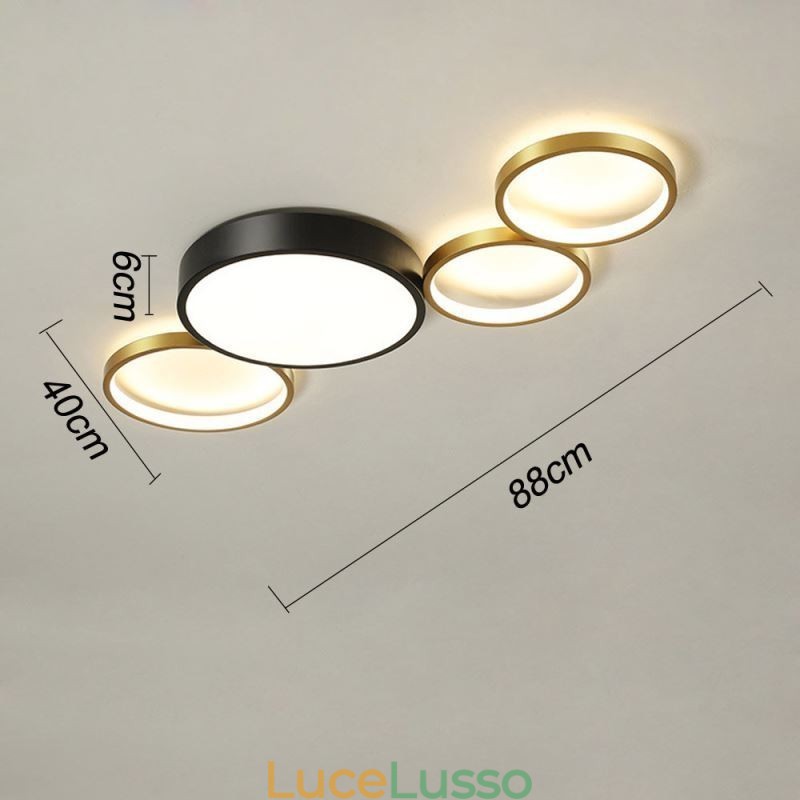 Lampada da soffitto a 4 anelli con paralume nero e oro unico
