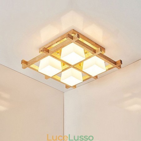 Lampada da soffitto a filo con griglia quadrata nordica in legno di gomma Lampada da soffitto a filo con griglia quadrata nordica in legno di gomma