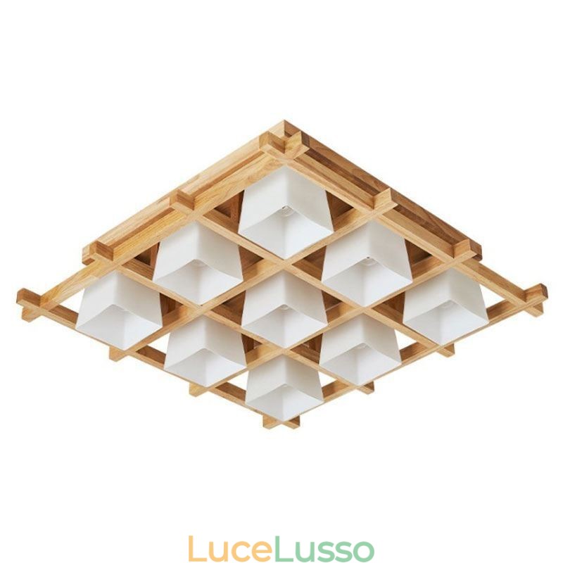 Lampada da soffitto a filo con griglia quadrata nordica in legno di gomma