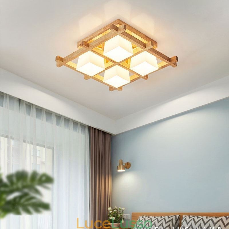 Lampada da soffitto a filo con griglia quadrata nordica in legno di gomma