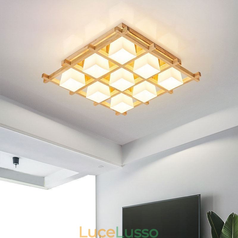Lampada da soffitto a filo con griglia quadrata nordica in legno di gomma