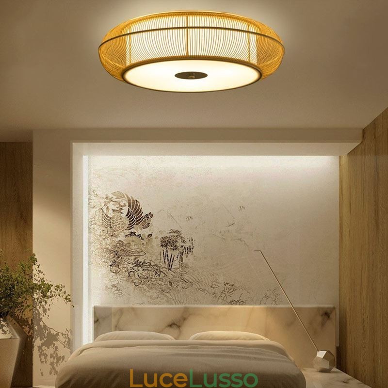 Lampada da soffitto rotonda giapponese creativa con montaggio a filo in bambù speciale cinese