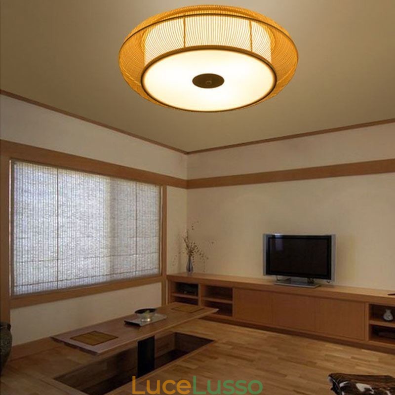 Lampada da soffitto rotonda giapponese creativa con montaggio a filo in bambù speciale cinese