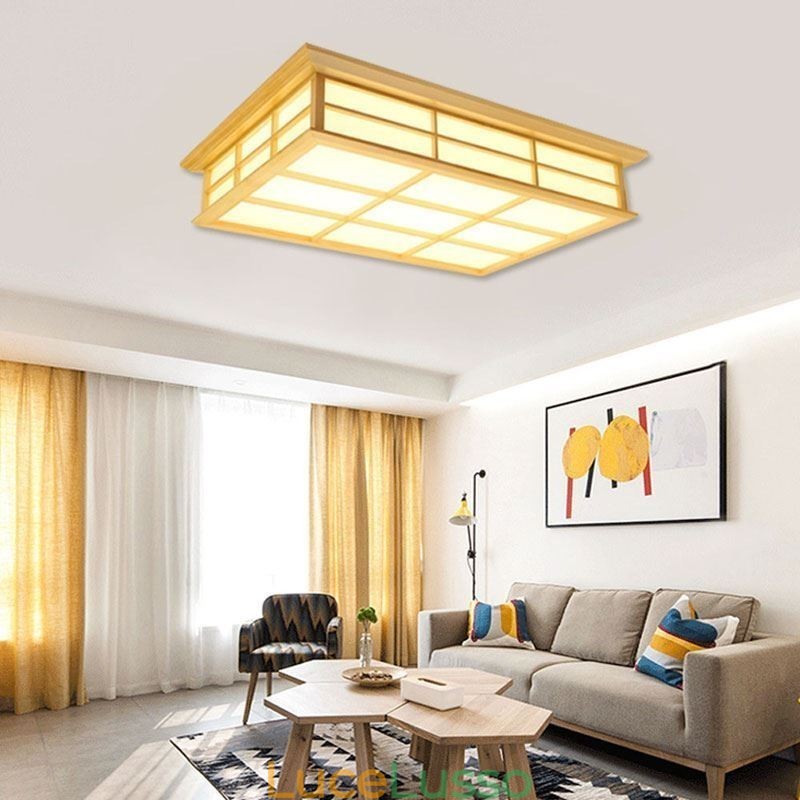 Lampada da soffitto giapponese cubica Illuminazione da soffitto in legno massello