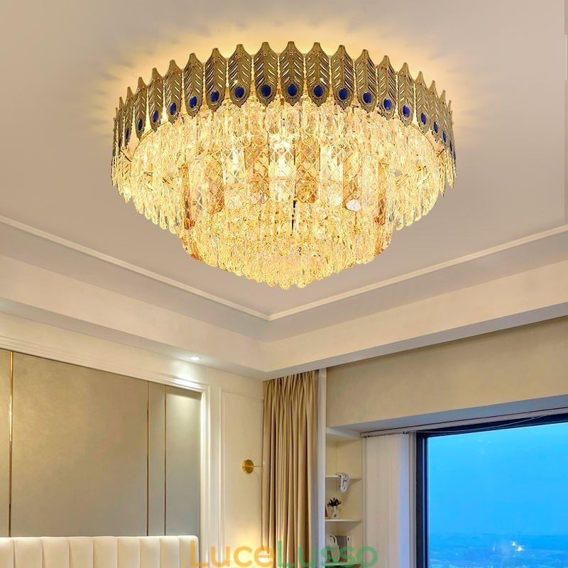 Lampada da soffitto decorativa di lusso in oro con coda di fenice elettrolitica rotonda a filo in cristallo