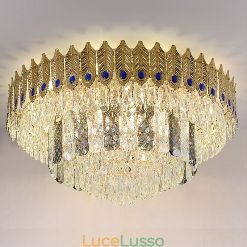 Lampada da soffitto decorativa di lusso in oro con coda di fenice elettrolitica rotonda a filo in cristallo