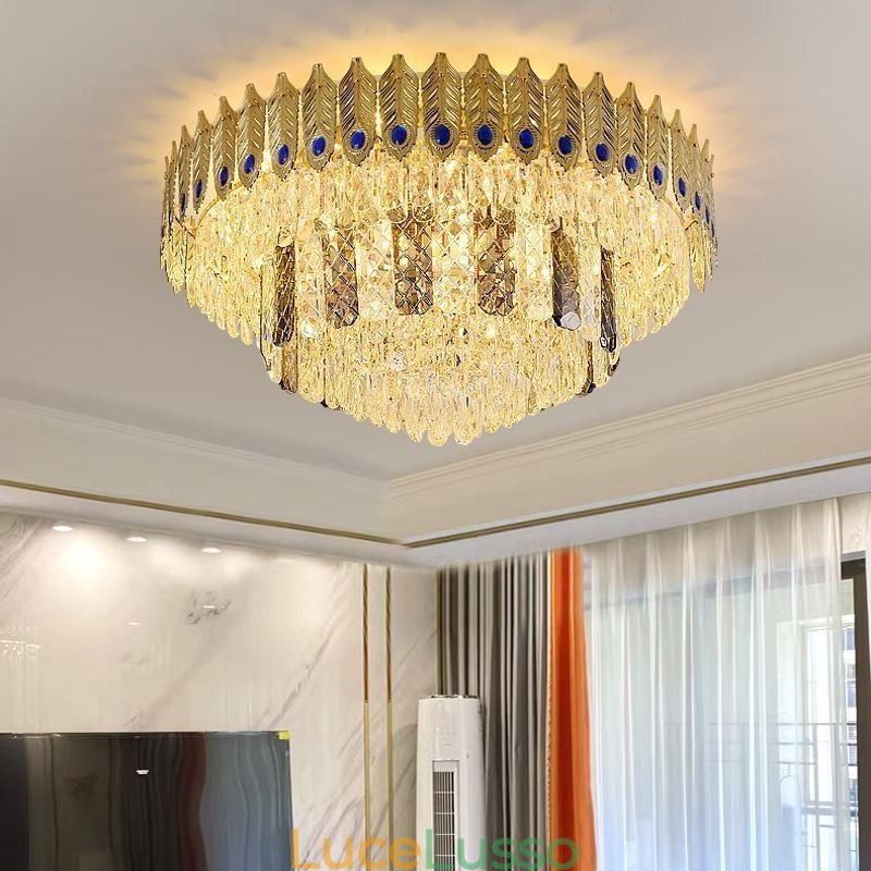 Lampada da soffitto decorativa di lusso in oro con coda di fenice elettrolitica rotonda a filo in cristallo