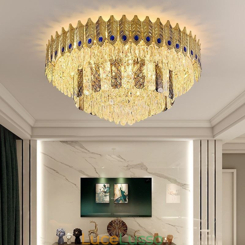 Lampada da soffitto decorativa di lusso in oro con coda di fenice elettrolitica rotonda a filo in cristallo