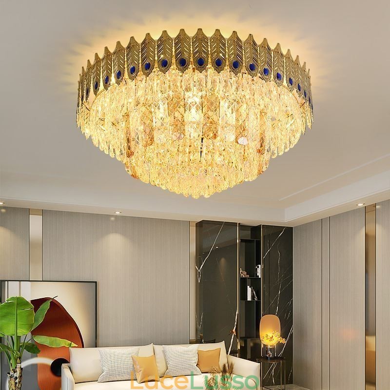 Lampada da soffitto decorativa di lusso in oro con coda di fenice elettrolitica rotonda a filo in cristallo