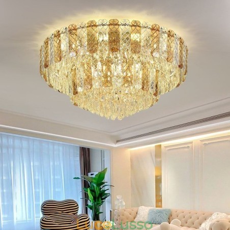 Plafoniera decorativa di lusso rotonda a doppio strato con montaggio a filo in cristallo da 80 cm Plafoniera decorativa di lusso rotonda a doppio strato con montaggio a filo in cristallo da 80 cm
