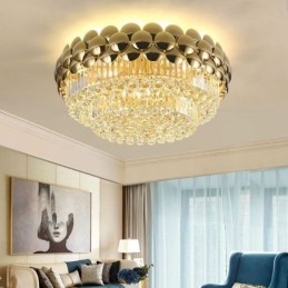 Plafoniera decorativa di lusso in oro placcato con montaggio a filo in cristallo, rotonda, 80 cm