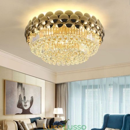 Plafoniera decorativa di lusso in oro placcato con montaggio a filo in cristallo, rotonda, 80 cm Plafoniera decorativa di lusso in oro placcato con montaggio a filo in cristallo, rotonda, 80 cm