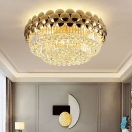 Plafoniera decorativa di lusso in oro placcato con montaggio a filo in cristallo, rotonda, 80 cm