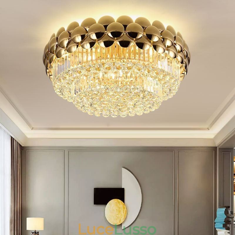 Plafoniera decorativa di lusso in oro placcato con montaggio a filo in cristallo, rotonda, 80 cm