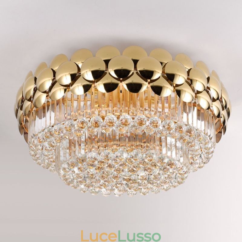Plafoniera decorativa di lusso in oro placcato con montaggio a filo in cristallo, rotonda, 80 cm