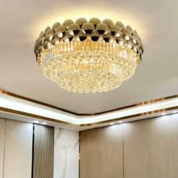 Plafoniera decorativa di lusso in oro placcato con montaggio a filo in cristallo, rotonda, 80 cm