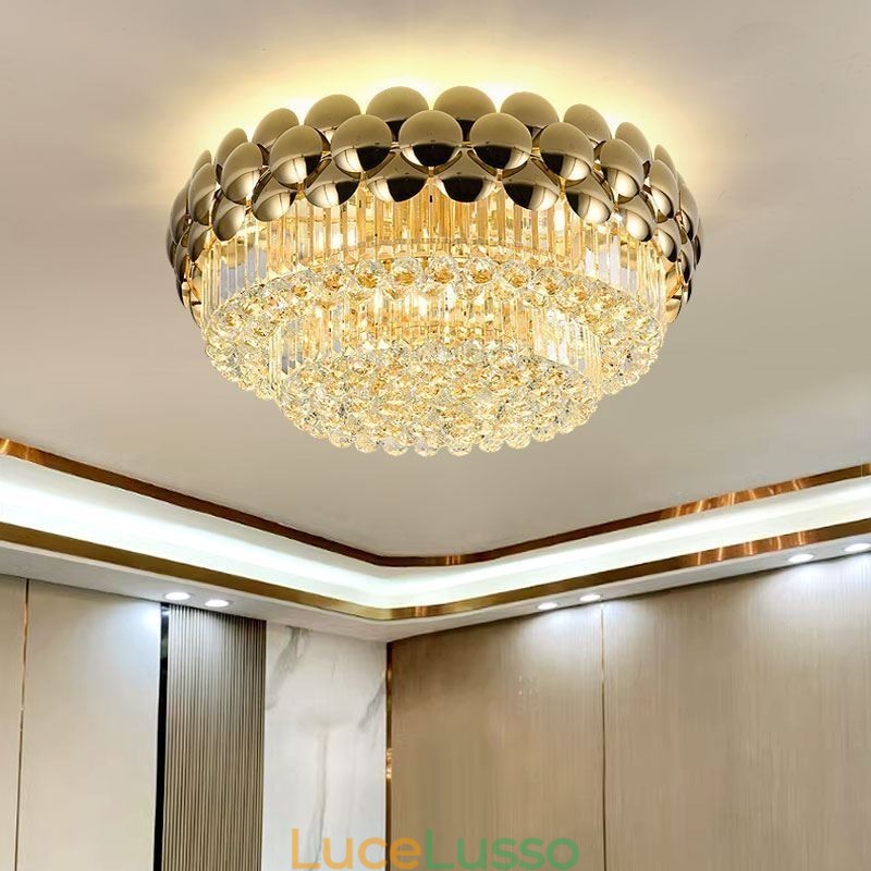 Plafoniera decorativa di lusso in oro placcato con montaggio a filo in cristallo, rotonda, 80 cm