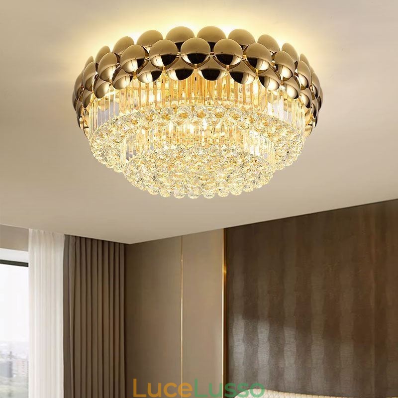 Plafoniera decorativa di lusso in oro placcato con montaggio a filo in cristallo, rotonda, 80 cm