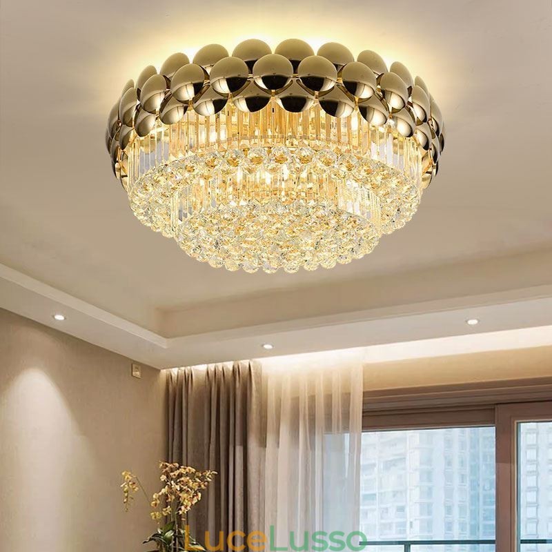 Plafoniera decorativa di lusso in oro placcato con montaggio a filo in cristallo, rotonda, 80 cm
