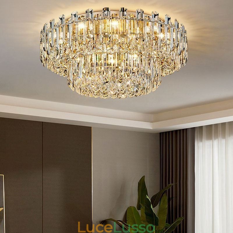 Lampada da soffitto decorativa in cristallo di lusso con montaggio a filo e decorazione rotonda in cristallo