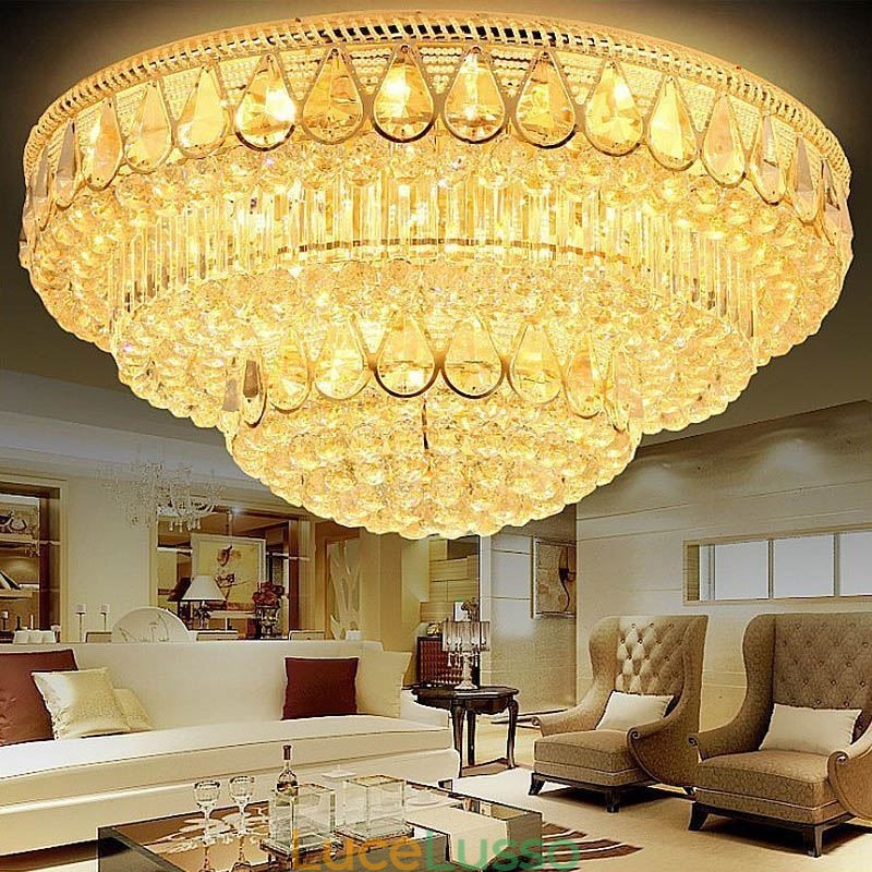 Lampada da soffitto in cristallo di lusso con montaggio a filo, luce rotonda