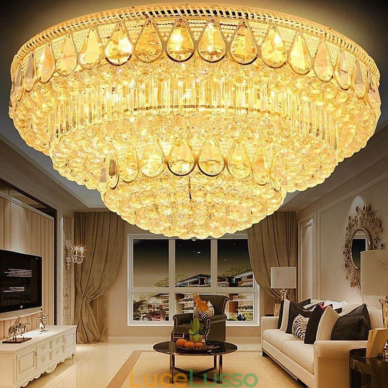 Lampada da soffitto in cristallo di lusso con montaggio a filo, luce rotonda