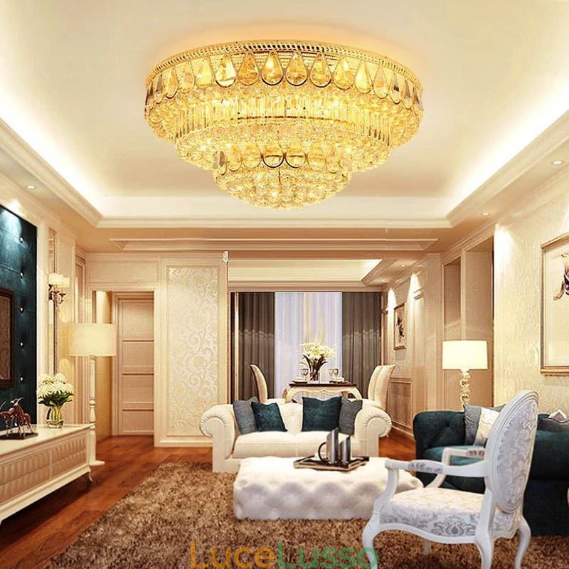 Lampada da soffitto in cristallo di lusso con montaggio a filo, luce rotonda