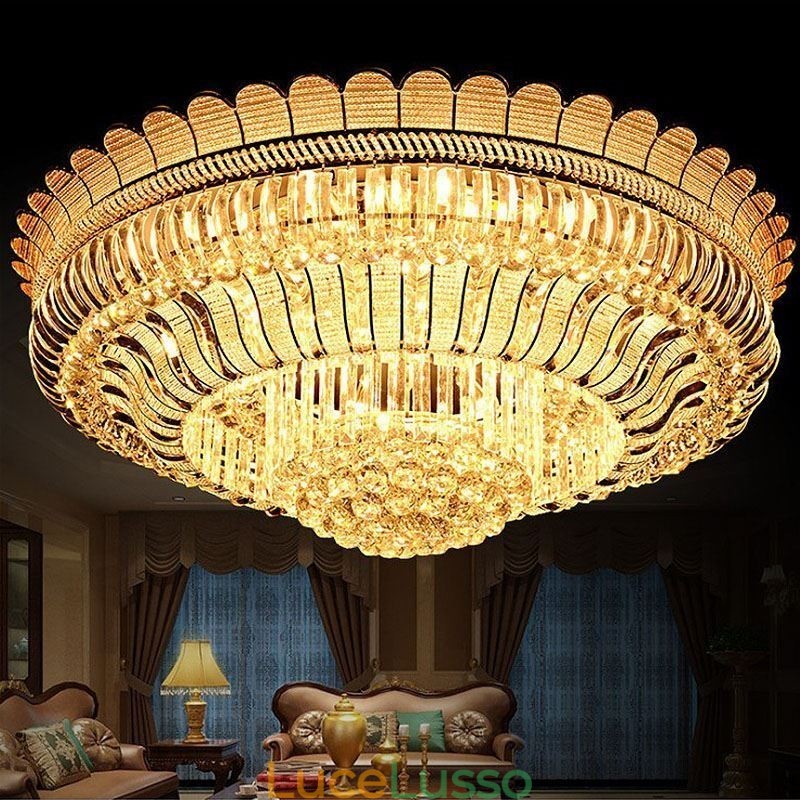 Lampada da soffitto in cristallo di lusso, montaggio a filo, illuminazione rotonda