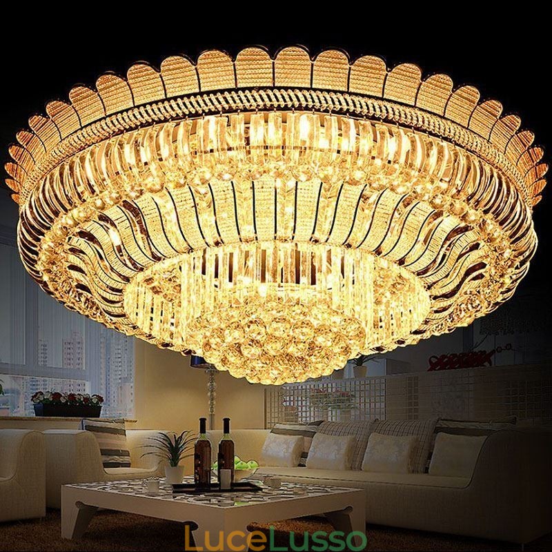 Lampada da soffitto in cristallo di lusso, montaggio a filo, illuminazione rotonda