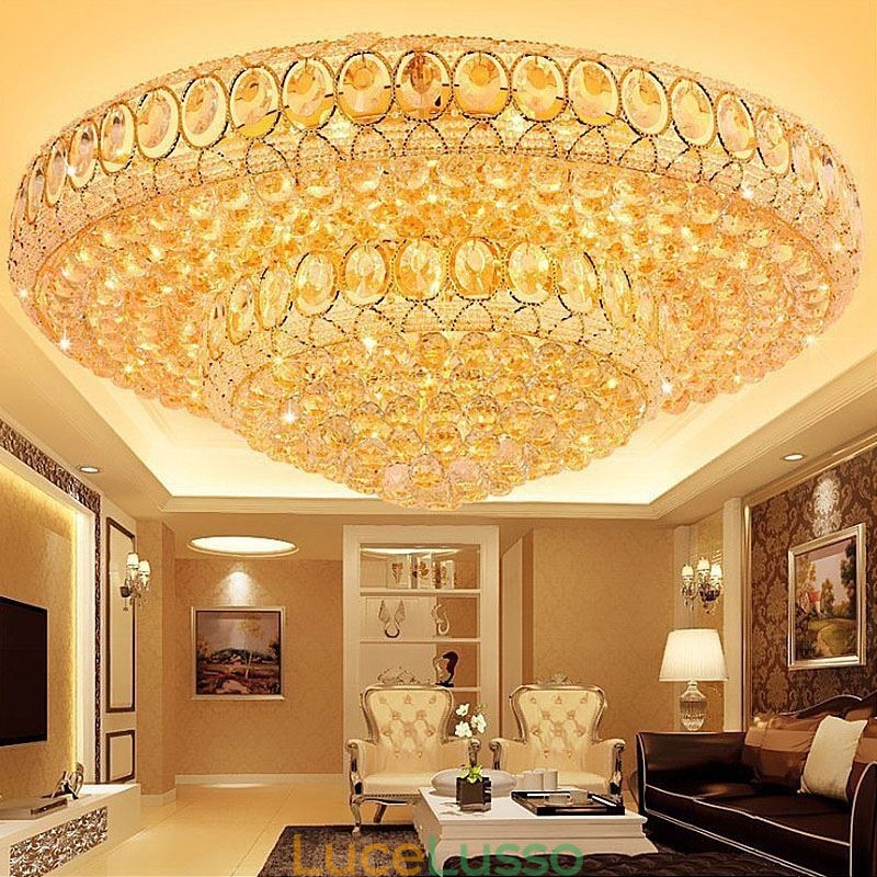 Lampada da soffitto in cristallo di lusso, rotonda europea, illuminazione a filo
