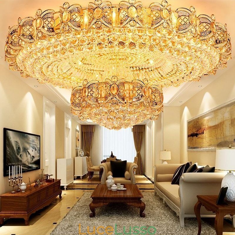 Moderna plafoniera in cristallo dorato, illuminazione a filo rotonda