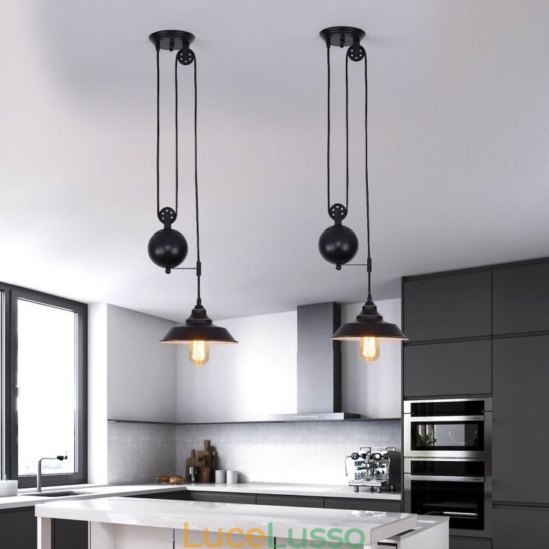 Lampada a sospensione con puleggia per fattoria industriale, design retrattile, altezza regolabile