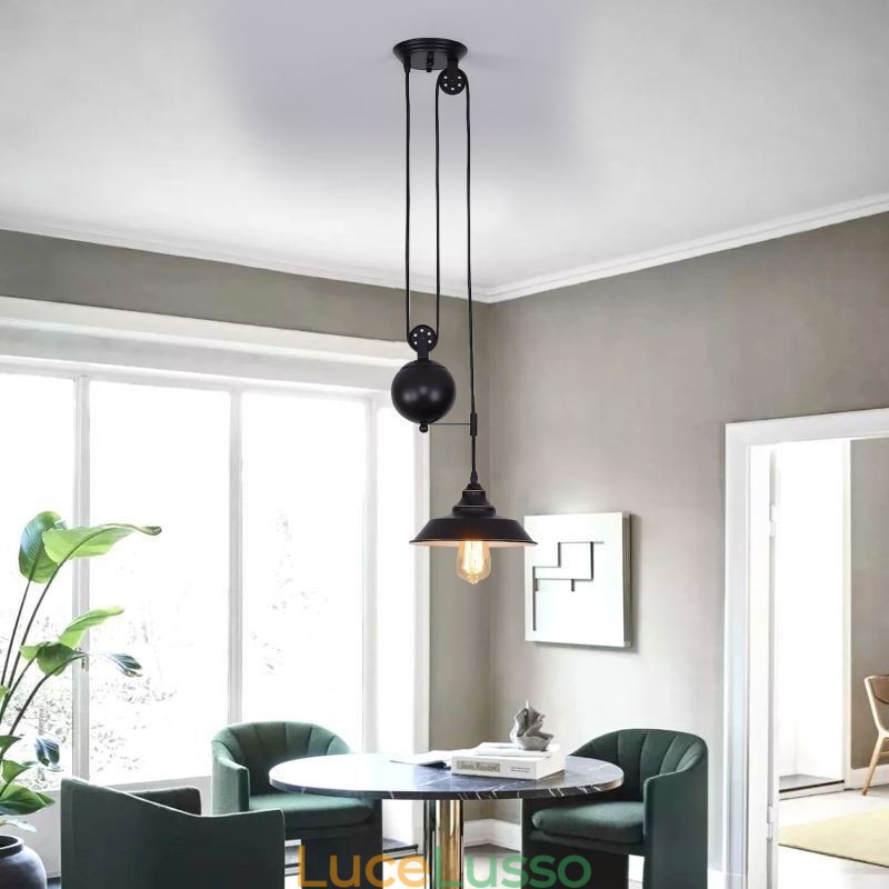 Lampada a sospensione con puleggia per fattoria industriale, design retrattile, altezza regolabile