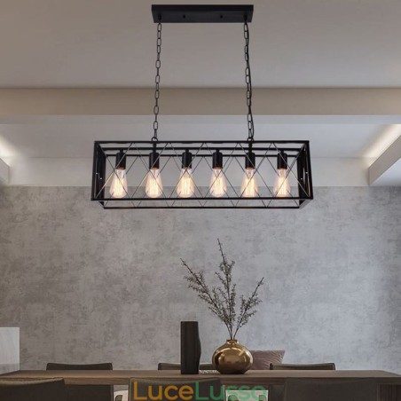 Lampada a sospensione rustica rettangolare a 6 luci, lampada a sospensione da fattoria Lampada a sospensione rustica rettangolare a 6 luci, lampada a sospensione da fattoria