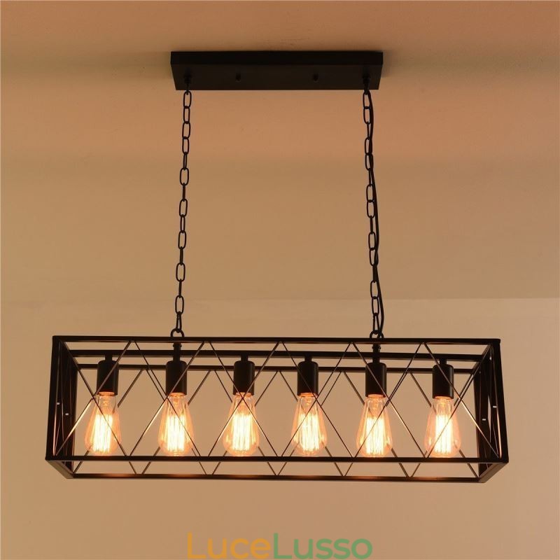 Lampada a sospensione rustica rettangolare a 6 luci, lampada a sospensione da fattoria