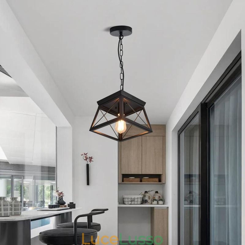 Lampada a sospensione trapezoidale vintage Lampada da soffitto in metallo nero