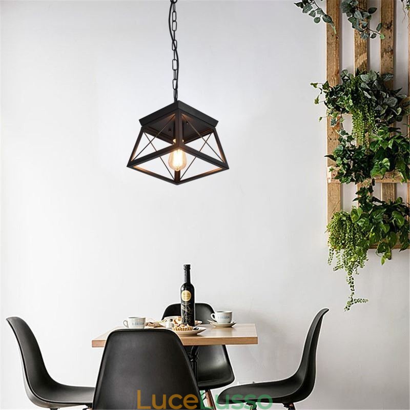 Lampada a sospensione trapezoidale vintage Lampada da soffitto in metallo nero