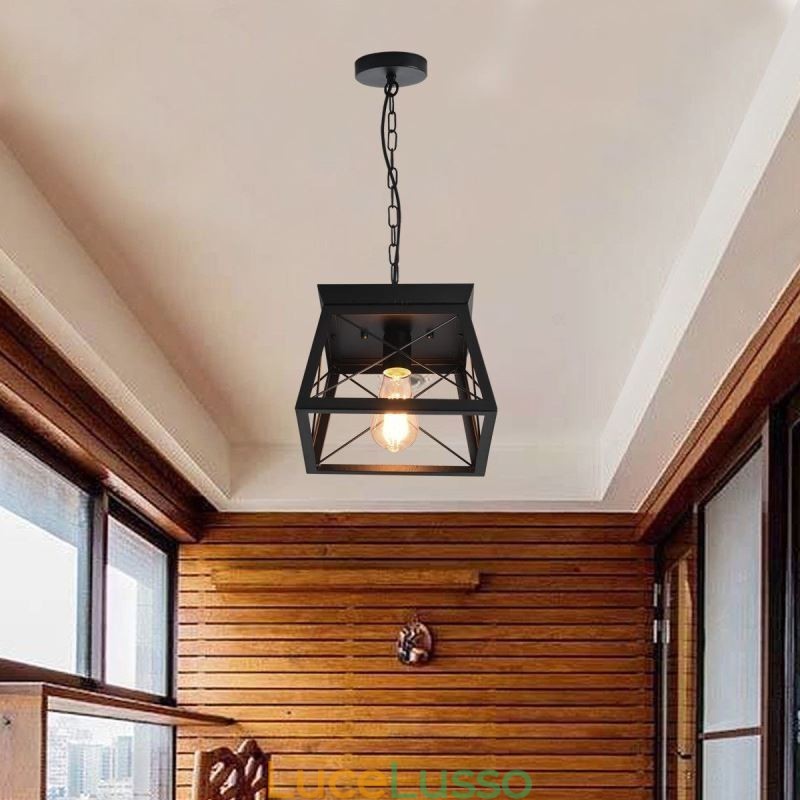 Lampada a sospensione trapezoidale vintage Lampada da soffitto in metallo nero
