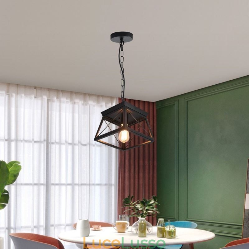 Lampada a sospensione trapezoidale vintage Lampada da soffitto in metallo nero