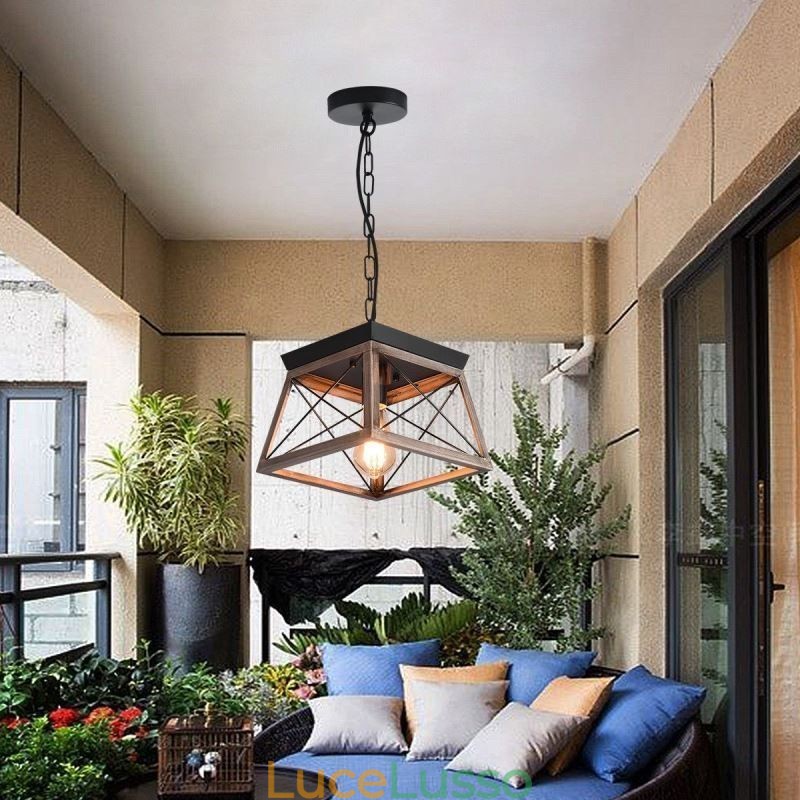 Lampada a sospensione trapezoidale vintage in metallo nero
