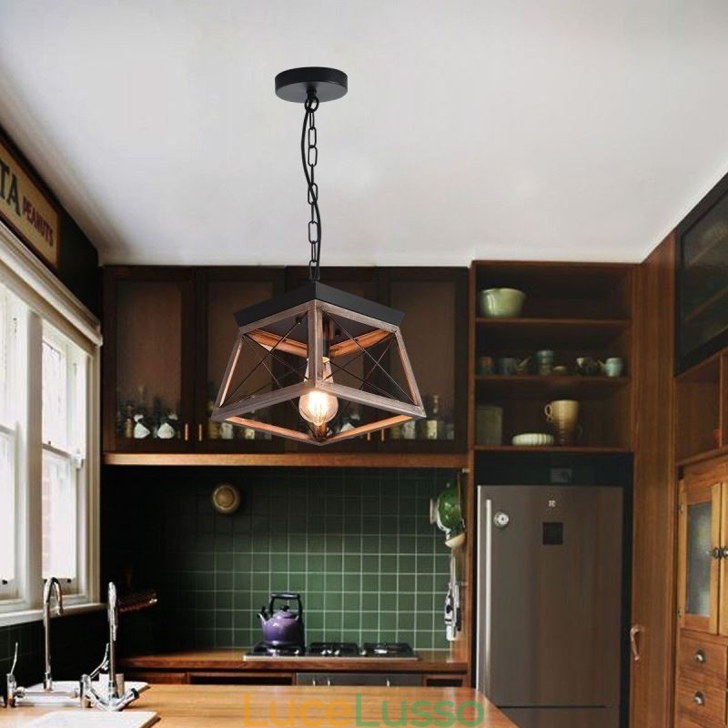Lampada a sospensione trapezoidale vintage in metallo nero