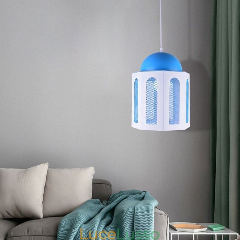 Lampada a sospensione a forma di castello, moderna, colore blu e bianco