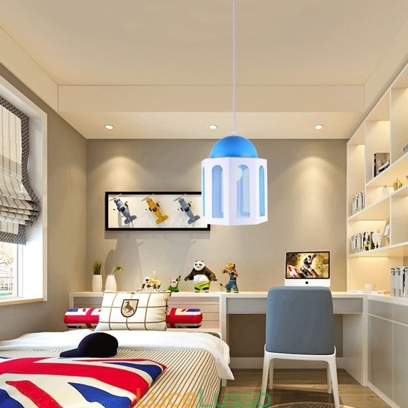 Lampada a sospensione a forma di castello, moderna, colore blu e bianco