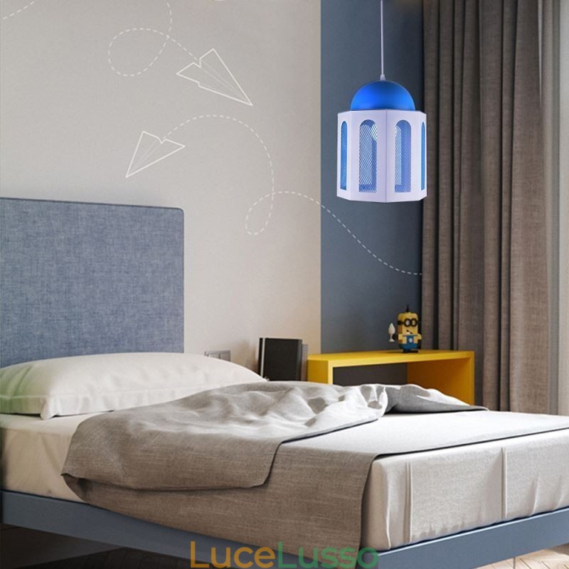 Lampada a sospensione a forma di castello, moderna, colore blu e bianco