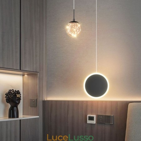 Lampada a sospensione moderna a forma di palla con anello rotondo Lampada a sospensione moderna a forma di palla con anello rotondo