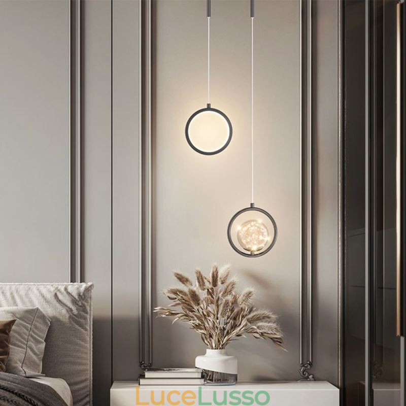 Lampada a sospensione moderna a forma di palla con anello rotondo