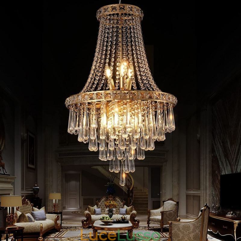 Lampadario moderno in cristallo, elegante lampadario contemporaneo, scala duplex