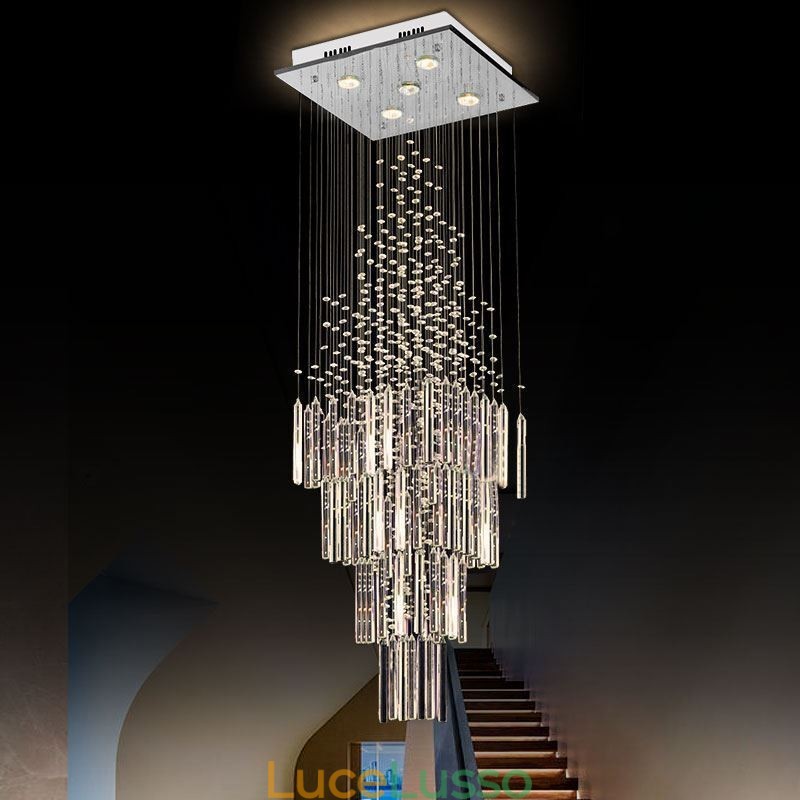 Lampadario moderno in cristallo quadrato, elegante lampadario contemporaneo, scala duplex